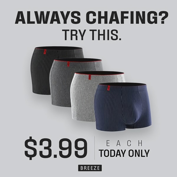A high-contrast, product-focused ad for boxer briefs that highlights a specific user problem, price point, and limited-time offer.